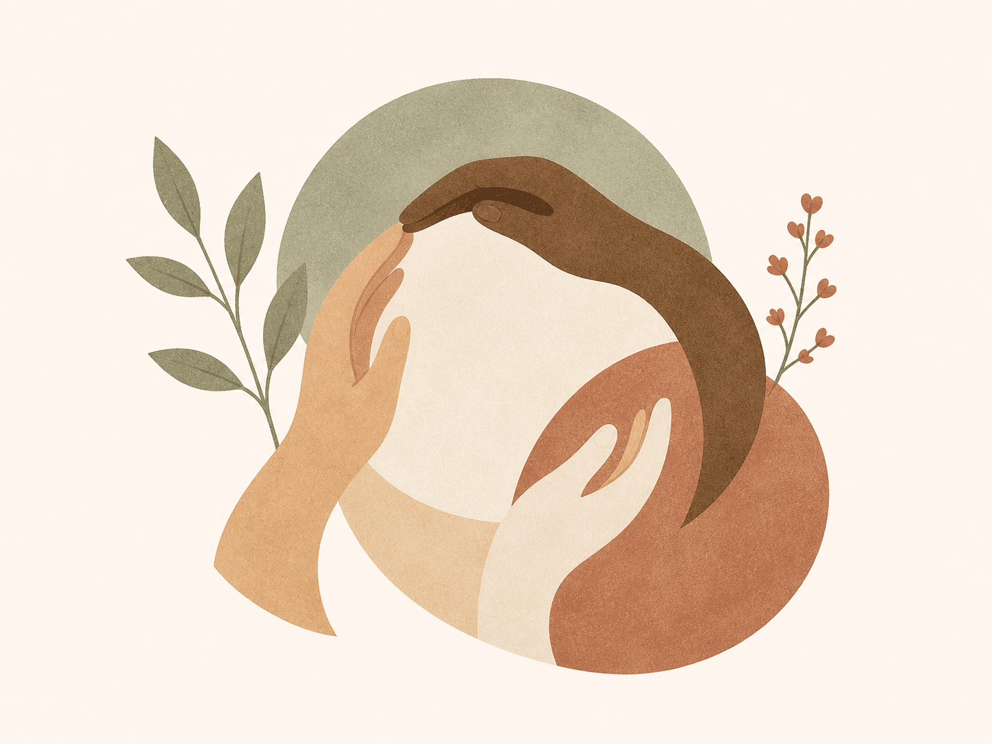 Illustration of supportive hands surrounding a circle of care